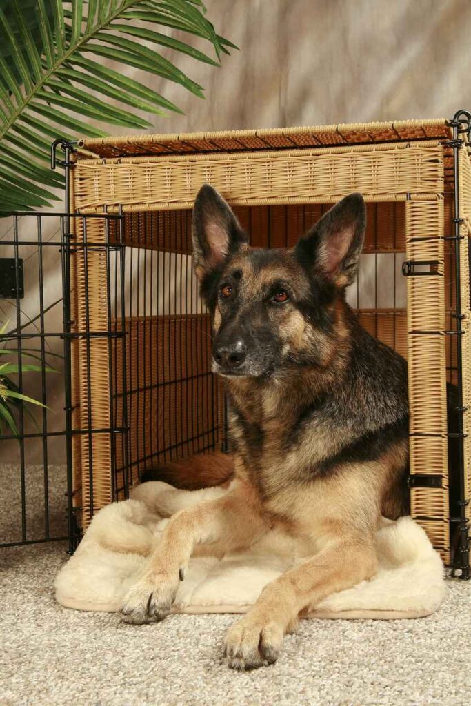 German shepherd laying down on a white rug in a brown crate in a gray room with a gray rug and with a green plant next to the crate