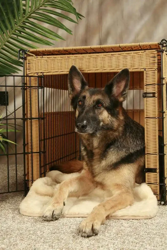 German shepherd laying down on a white rug in a brown crate in a gray room with a gray rug and with a green plant next to the crate while getting the best board and train Austin tx has to offer.